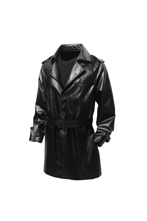 Men's Faux Leather Lapel Jacket Motorcycle Leather Belt Button Trench Coats Black L