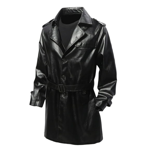 safuny Men's Faux Leather Lapel Jacket Motorcycle Leather Belt Button Trench Coats Black XL