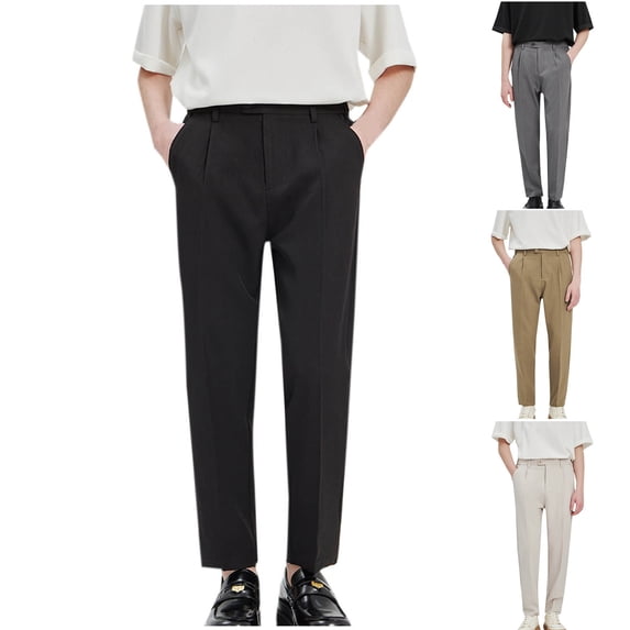 safuny Men's Flat Front Pant Cropped Fashion Straight Leg Sweatpants Casual Work Dress Pants Elastic Waist Lounge Pants Relaxed Wrinkle-Resistant Trousers Beige L