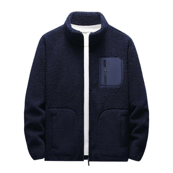 safuny Men's Fleece Lined Jacket Full Zip Thermal Coat Fall Winter Relaxed Lightweight Outwear Fashion Coat with Pockets Dark Blue L