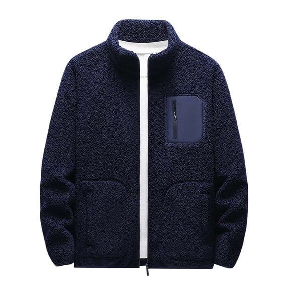 safuny Men's Fleece Lined Jacket Full Zip Thermal Coat Fall Winter Relaxed Lightweight Outwear Fashion Coat with Pockets Dark Blue L