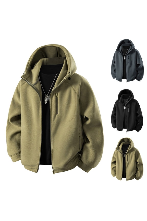 Men's Fleece Zip-Up Hooded Jacket Casual Outdoor Warm Coat with Pocket Black L