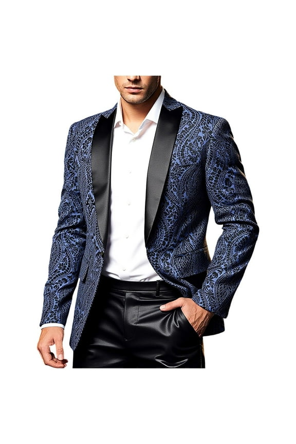 Men's Floral Dinner Party Prom Wedding Stylish Tuxedo Suits for Men One Button Dinner Jacket Carnival Gift Navy XXL