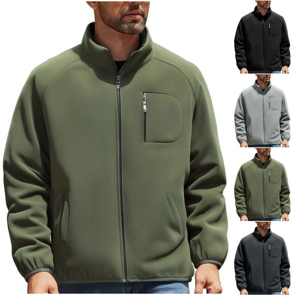 safuny Men's Full Zip Fleece Jacket Lightweight Warm Soft Long Sleeve Jackets with Pockets for Winter Casual Hiking Army Green L