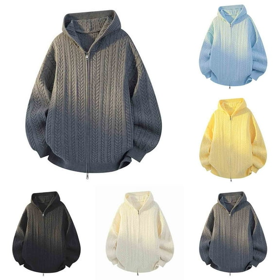 safuny Men's Full Zip Hooded Sweatshirt Sweater Hoodie Cable Knitted Solid Double Zip Sweater Coat Beige L