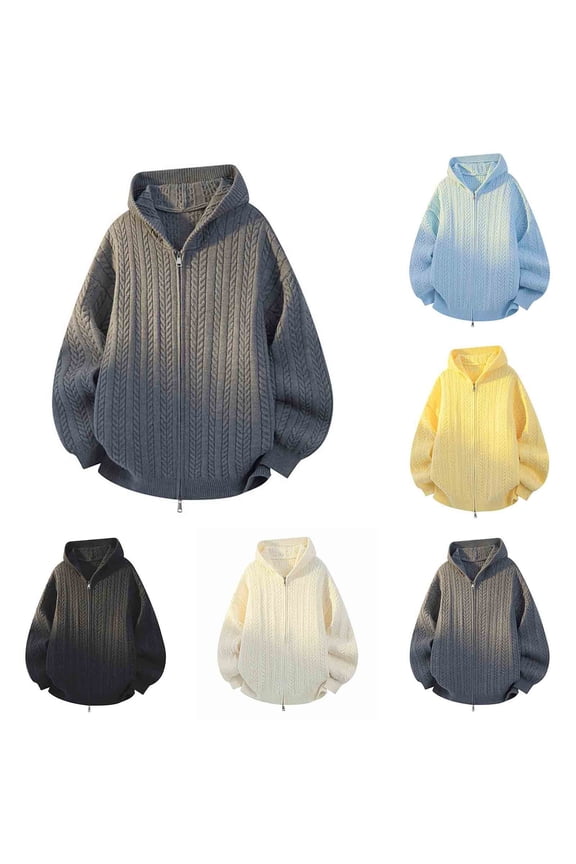 Men's Full Zip Hooded Sweatshirt Sweater Hoodie Cable Knitted Solid Double Zip Sweater Coat Beige L