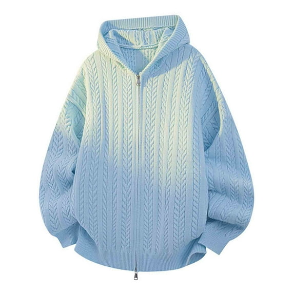 safuny Men's Full Zip Hooded Sweatshirt Sweater Hoodie Cable Knitted Solid Double Zip Sweater Coat Sky Blue XL