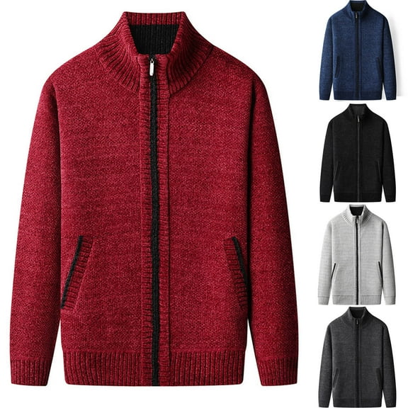 safuny Men's Full Zip Sweater Jacket Stand Collar Long Sleeve Pocketed Knitted Warm Casual Daily Outerwear Black L