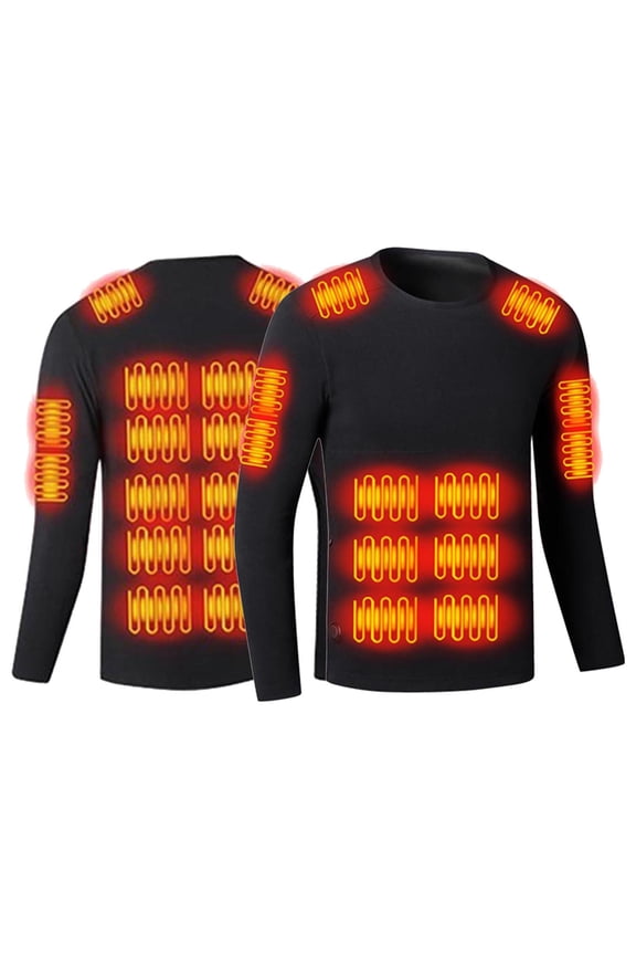 Men's Heated Shirt 26 Heating Zones Base Layer Slim Crew Neck Long Sleeve USB Rechargeable Warm Thermal Winter Outdoor Wear Black S