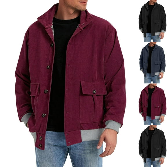 safuny Men's Jacket Lapel Button Down Jack Solid Corduroy Casual Jacket Long Sleeve Outwear Black L