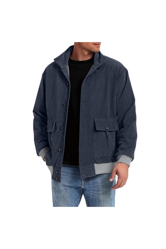Men's Jacket Lapel Button Down Jack Solid Corduroy Casual Jacket Long Sleeve Outwear Navy M