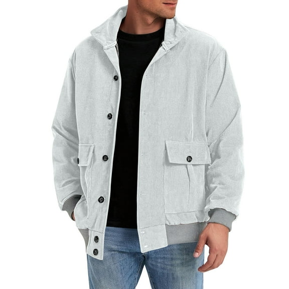 safuny Men's Jacket Lapel Button Down Jack Solid Corduroy Casual Jacket Long Sleeve Outwear White L