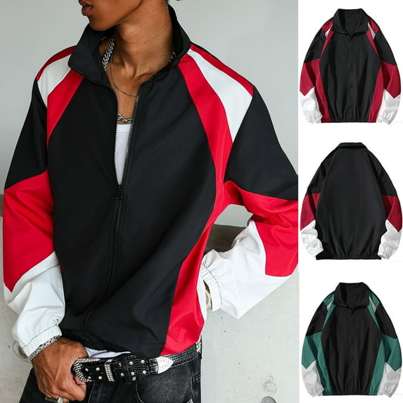 safuny Men's Jacket Lapel Long Sleeve Color - Blocked Coat Zip - Up Casual Sports Outdoor Outwear Green L