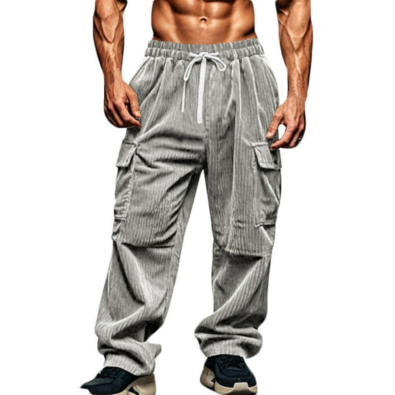 safuny Men's Jog Pants Fleece Straight Leg Cargos Pants with Pockets Trousers Big&Tall Corduroy Sweatpants Clearance Activewear Solid Lounge Pants Hiking Outdoors Casual Gray XXL