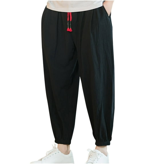 safuny Men's Joggers Sweatpants Trousers Workout Summer Solid Color Causal Elastic Waist Drawstring Pants Beach Cotton Wrinkled with Pockets Black XXXL