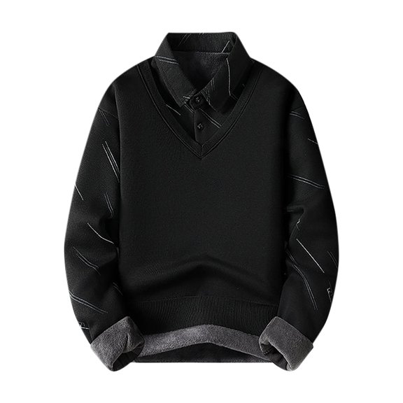safuny Men's Lapel Sweatshirts Button Winter Thicken Fake Two Piece Tops Big&Tall Casual Cotton Fashion Outwear Long Sleeve Shirts Solid Color Pullover Black L