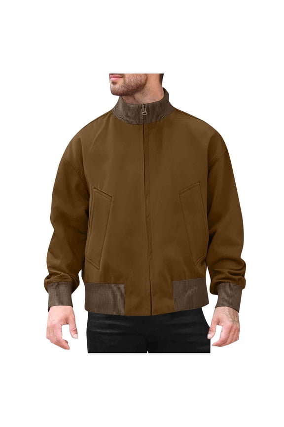 Men's Lightweight Jacket Fall Zip Stand Collar Casual Stylish Coats Fall Winter Windbreaker Jacket Khaki XXXXXL