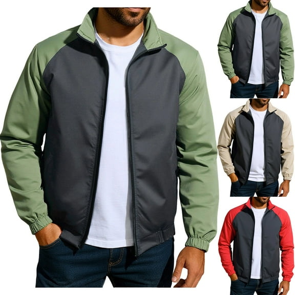safuny Men's Lightweight Zip Up Jacket Casual Lapel Windbreaker Outdoors & Commutes Jackets Color Block Outwear Green L