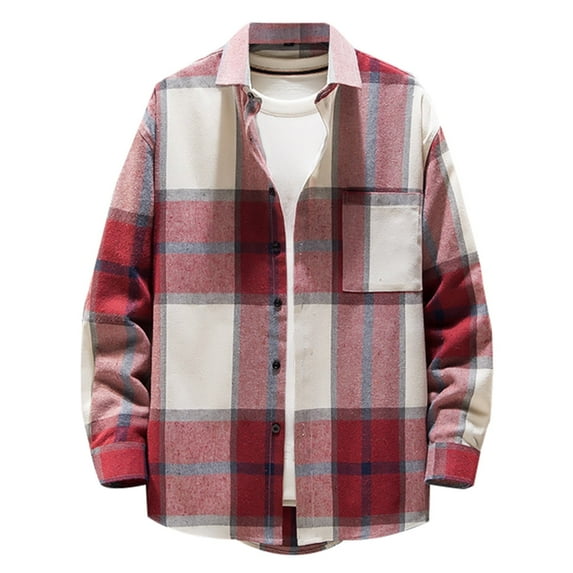 safuny Men's Long Sleeve Casual Outwear Jackets Single-breasted Casual Plaid Woolen Shirt Jacket Top Lapel Dressy Lounge Trendy Blazer Pullover Red L