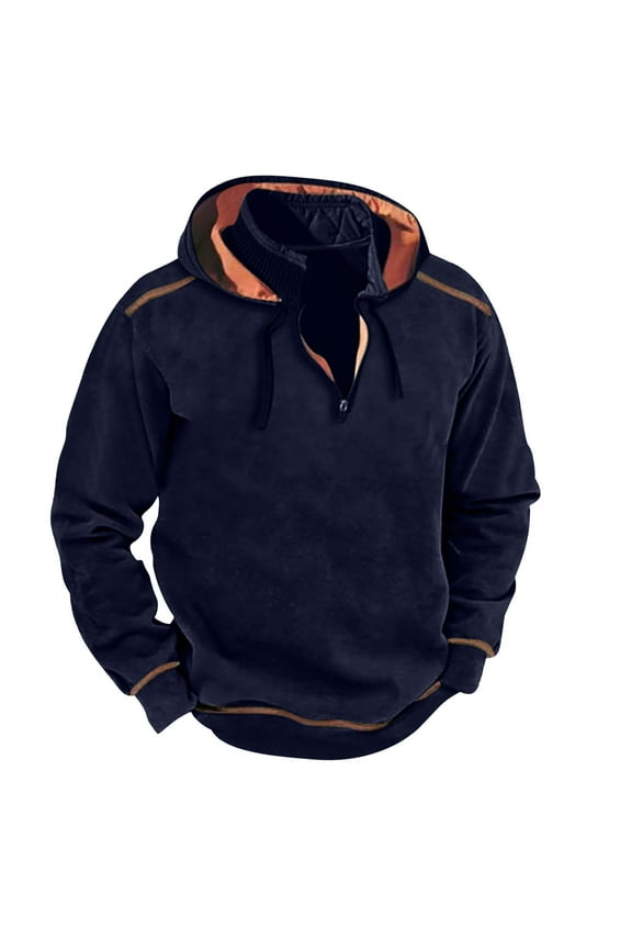 Men's Long Sleeve Coat Hoodie Jackets Big&Tall Casual Loose Sweatshirts Fashion Quarter Zipper Stand Collar Pullover Outwear Windbreaker Fall Winter Blue XXXL