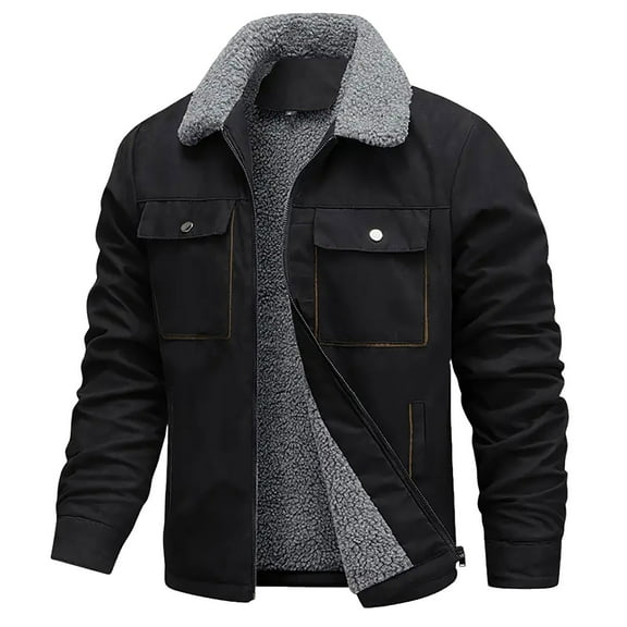 safuny Men's Long Sleeve Lapel Suede Jacket Button Pocket Zipper Closure Casual Fashion able Thick Outerwear Suitable for Daily Wear Fall Winter Black L