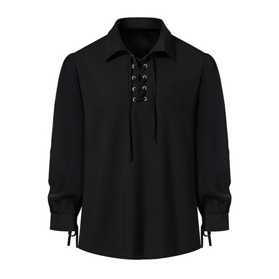 safuny Men's Long Sleeve Loose Performance Ruffle Tops Turn Down Collar Lacing Shirts Fall Fashion Solid Color Pullovers Workout Clearance Casual Relaxed Retro Lined Black XL