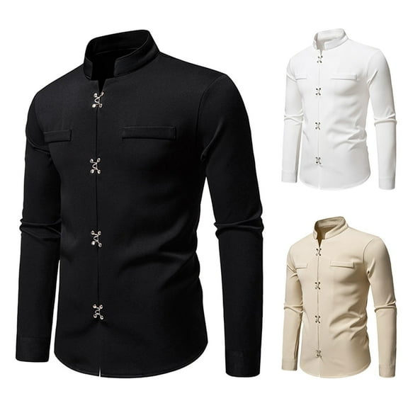 safuny Men's Long Sleeve Shirt Renaissance Crewneck Shirt Slim Novelty Button Vintage Top​ Black L