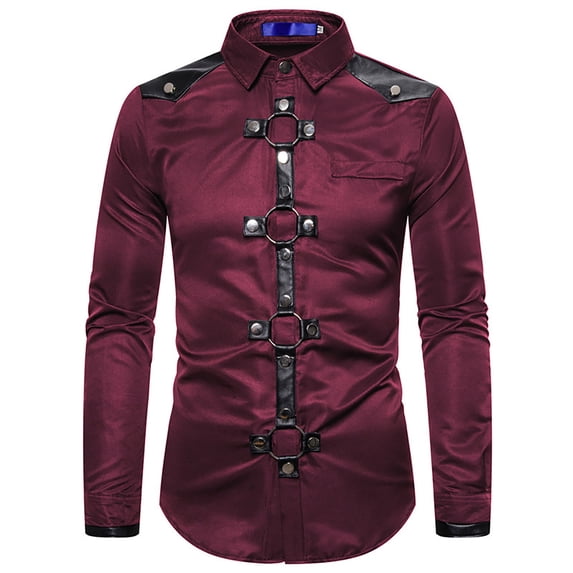 safuny Men's Long Sleeve Shirts Jackets Fashion Solid Color Shackets Casual Business Workout Turn Down Collar Sweatshirts Button Outwear Slim Suit Tops Big&Tall Red L