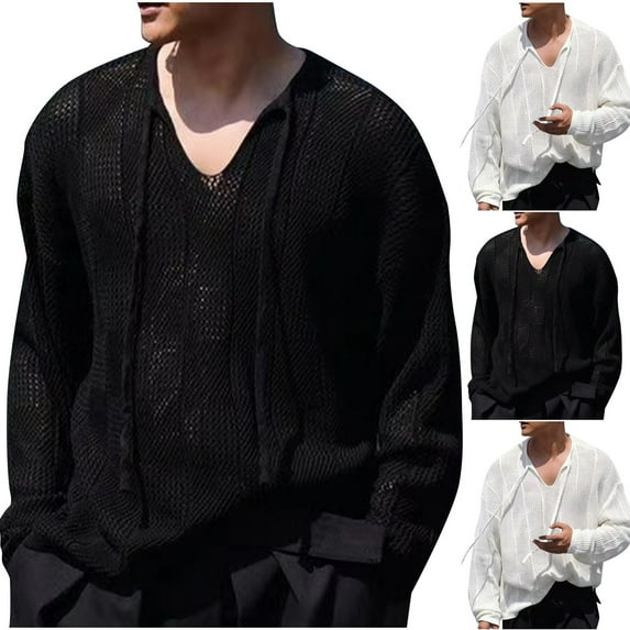 safuny Men's Long Sleeve Shirts Loose Tops Big&Tall Outwear Fashion Solid Color Pullover V Neck Sweatshirts Casual Hollow Out Knitted Sweaters Black L