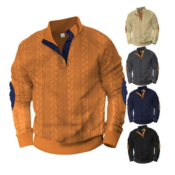 safuny Men's Long Sleeve Sports Tops Fall Winter Loose Sweaters Shirts Big&Tall Casual Button Activewear Fashion Stand Collar Knitted Sweatshirts Outwear Pullover Black L