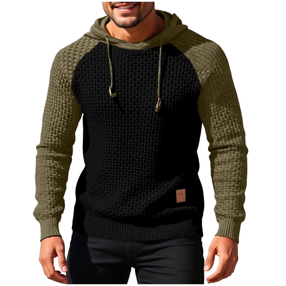 safuny Men's Long Sleeved Hooded Knitted Sweater Color Blocked Stylish Casual Pullover Comfortable Fashionable Daily Wear Outdoor Sweater for Men Army Green S