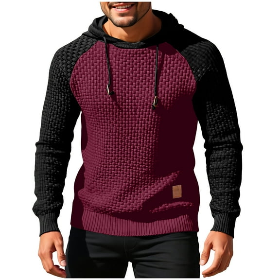 safuny Men's Long Sleeved Hooded Knitted Sweater Color Blocked Stylish Casual Pullover Comfortable Fashionable Daily Wear Outdoor Sweater for Men Wine S