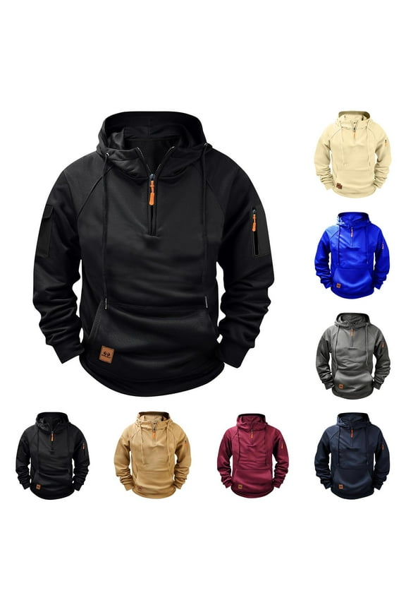 Men's Loose Cargos Hoodies Shirts Big&Tall Fashion Workout Solid Color Pullover Long Sleeve Tops Pockets Casual Sports Crew Neck Sweatshirts Half Zipper Black L