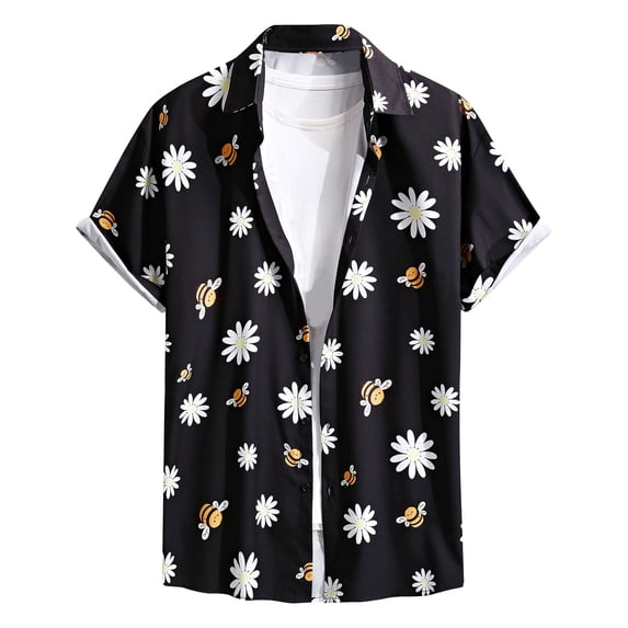 safuny Men's Loose Cotton Shirts Clearance Lapel Pullover Pineapple Fruit Print Tees Clothing Fashion Summer Hawaiian Beach Button Short Sleeve Shirts Holiday Black XL