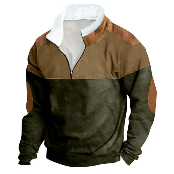 safuny Men's Loose Pullover Retro Sweatshirts Solid Color Block Long Sleeve Athletic Quarter Zipper Workwear Casual Sports Holiday Sales Clearance Fashion Army Green XXXL