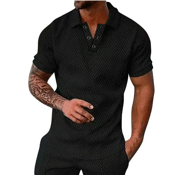 safuny Men's Loose Pullover Trendy Quarter Button Lapel Tees Summer Relaxed Solid Color Tops Activewear Casual Workout Short Sleeve Athletic Black XXXXL