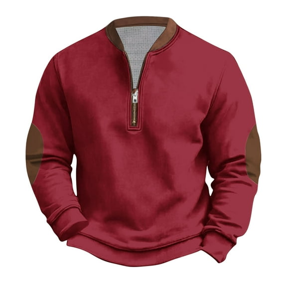 safuny Men's Loose Shirts Big&Tall Fashion Workout Casual Long Sleeve Tops Solid Color Pullover Stand Collar Sweatshirts Half Zipper Red XXXXXL