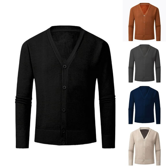 safuny Men's Loose Shirts Coat Big&Tall Fashion Casual Knitted Sweaters Long Sleeve Cardigans Pockets Workout V Neck Sweatshirts Button Solid Color Jackets Black L