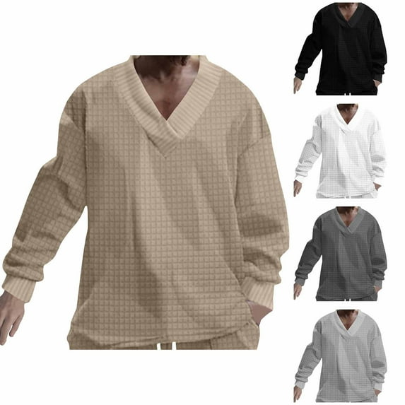 safuny Men's Loose Tops Big&Tall Fashion Solid Color Pullover Long Sleeve Shirts Casual V Neck Sweatshirts Outwear Black L