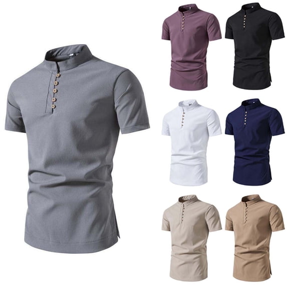 safuny Men's Loose Tops Big&Tall Fashion Solid Color Pullover Short Sleeve Shirts Stand Collar Sweatshirts Button Casual Outwear Beige L
