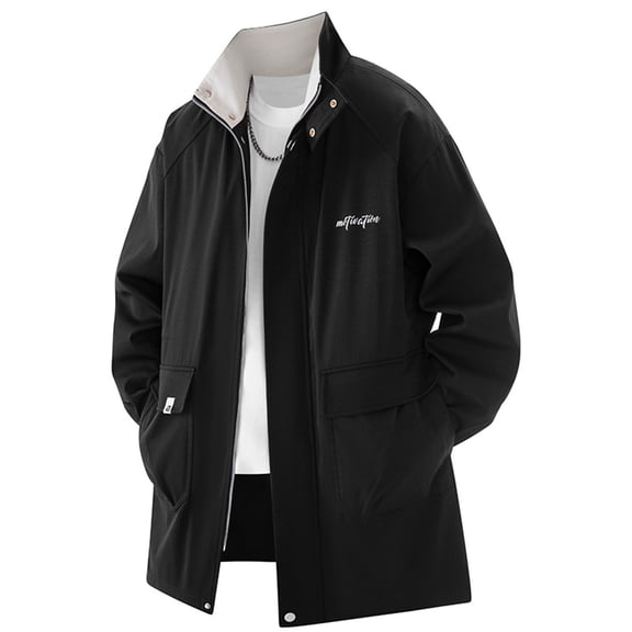 safuny Men's Mid Length Stadium Jacket Full Zip Lapel Windproof Coat Casual Fall Winter Trendy Stand Collar Outwear Black XL