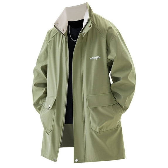 safuny Men's Mid Length Stadium Jacket Full Zip Lapel Windproof Coat Casual Fall Winter Trendy Stand Collar Outwear Green XXXXL