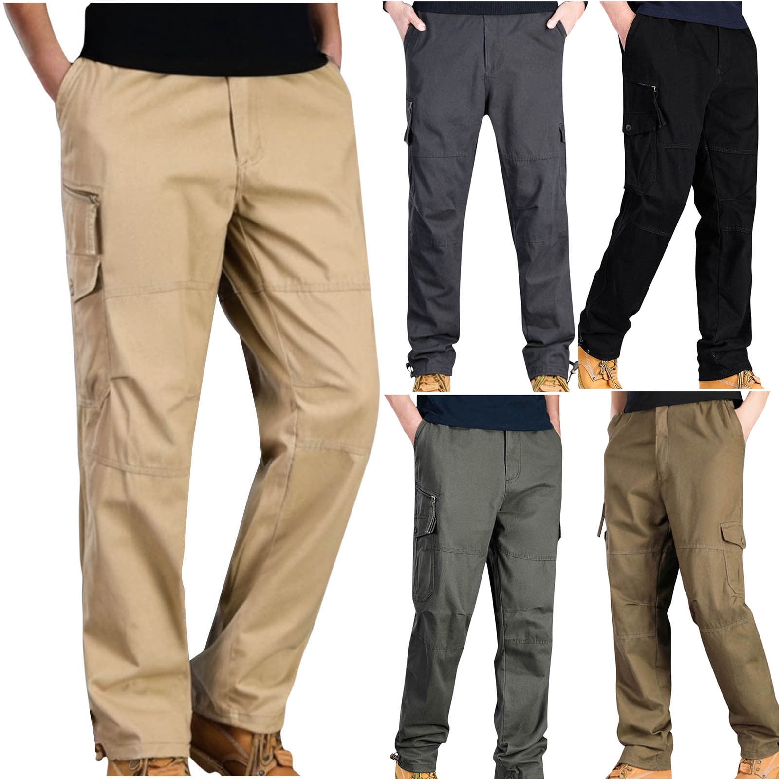 Men's Fleece Lined Cargo Pants - Winter Insulated Work & Hiking Pants, Tactical Warm Trousers With 8 Pockets, Drawstring Waist & Ankles (No Belt)