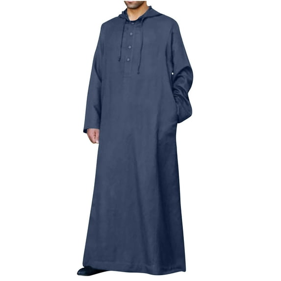 safuny Men's Muslim Islamic Ramadan Hooded Jubbah Fashion Crew Neck Button Holiday Trendy Pullover Solid Drawstring Spring Long Sleeve Fall Tees Saudi Arab Long Kaftan Robe Navy XL