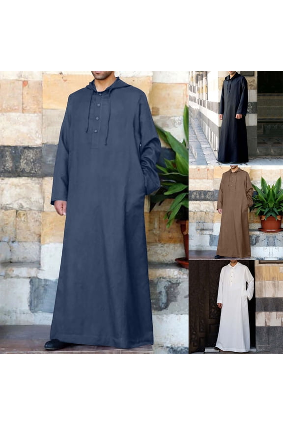 Men's Muslim Islamic Ramadan Hooded Jubbah Fashion Crew Neck Button Holiday Trendy Pullover Solid Drawstring Spring Long Sleeve Fall Tees Saudi Arab Long Kaftan Robe Black S