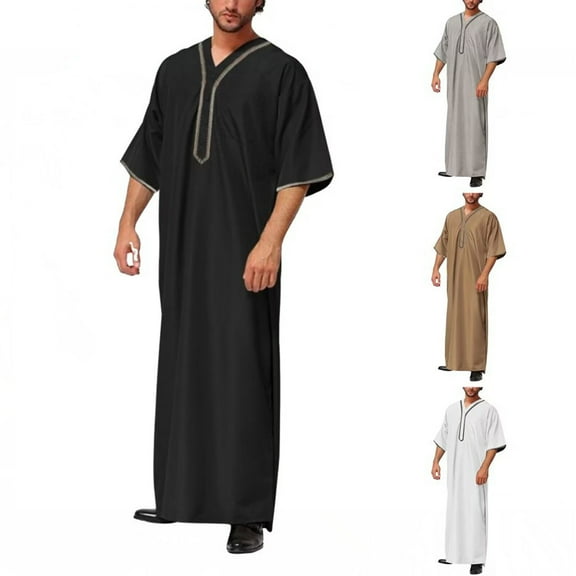 safuny Men's Muslim Islamic Ramadan Jubbah Fashion Holiday Trendy Pullover Solid Spring 3/4 Sleeve Fall Tees Saudi Arab Long Kaftan Robe Crew Neck Black S
