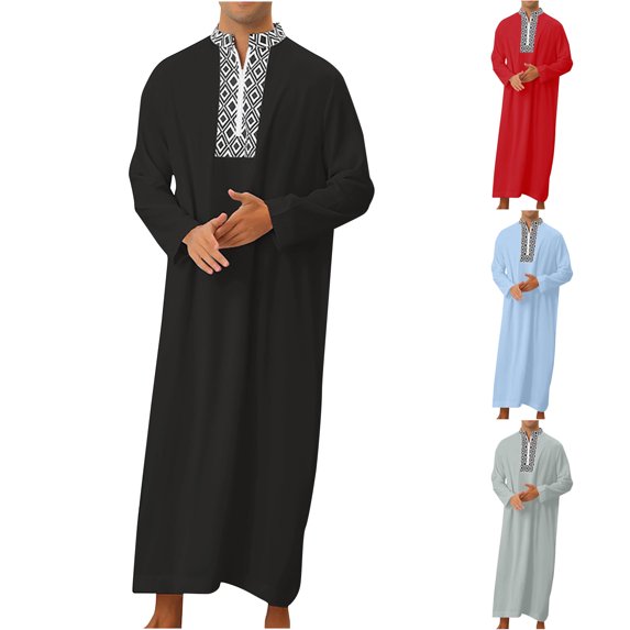 safuny Men's Muslim Islamic Ramadan Jubbah Fashion Long Sleeve Fall Tees Stand Collar Saudi Arab Long Kaftan Robe Holiday Trendy Pullover Spring Geometry Solid Color Black S