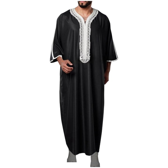 safuny Men's Muslim Islamic Ramadan Jubbah Fashion Solid Spring Long Sleeve Fall Tees Stand Collar Button Down Saudi Arab Long Kaftan Robe Trendy Pullover Holiday Black XL