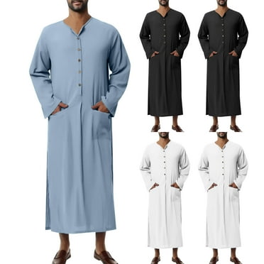 safuny Men's Muslim Islamic Ramadan Jubbah with Pocket Fashion Trendy Pullover Solid Spring Long Sleeve Fall Tees V Neck Button Saudi Arab Long Kaftan Robe Holiday Black S