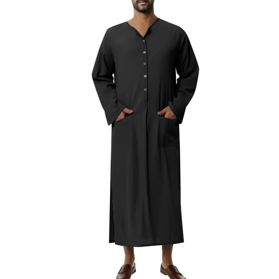 safuny Men's Muslim Islamic Ramadan Jubbah with Pocket Fashion Trendy Pullover Solid Spring Long Sleeve Fall Tees V Neck Button Saudi Arab Long Kaftan Robe Holiday Black XXL